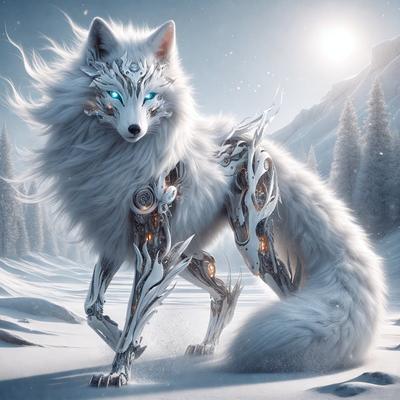 Primary subject: A white wolf with blue eyes.
Setting/background: A snowy mountain with trees in the background.
Visual style: Digital art.
Colors and mood: The wolf has a blue glow, and the overall atmosphere is cold and snowy.